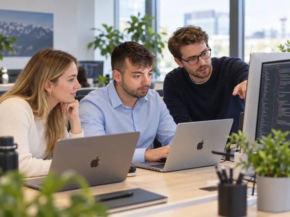 Equipe da Novaware revisando código juntos no escritório