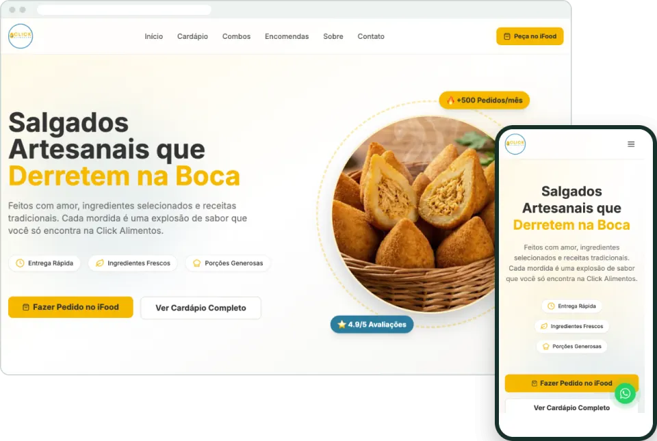 Site da Click Alimentos no computador e no celular: título “Salgados artesanais que derretem na boca”, foto de coxinhas e botões para pedir pelo iFood e ver o cardápio.